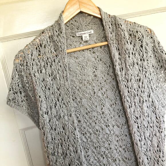 Coldwater Creek Long Crochet Cardigan Duster M Gray Short Sleeve Boho Langenlook - Picture 2 of 8